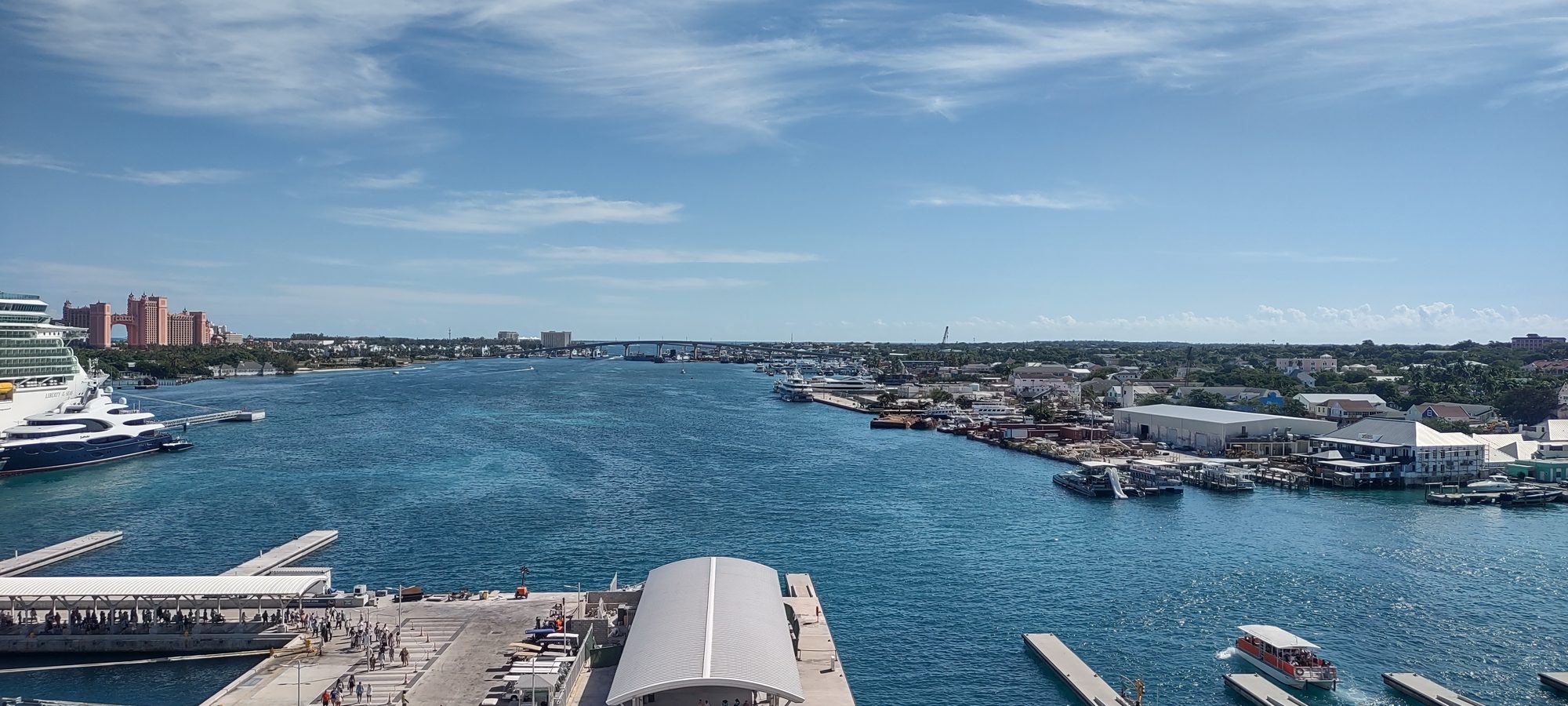 Nassau harbour seen from a cruise ship, with Atlantis and the Paradise Island bridges in the distance